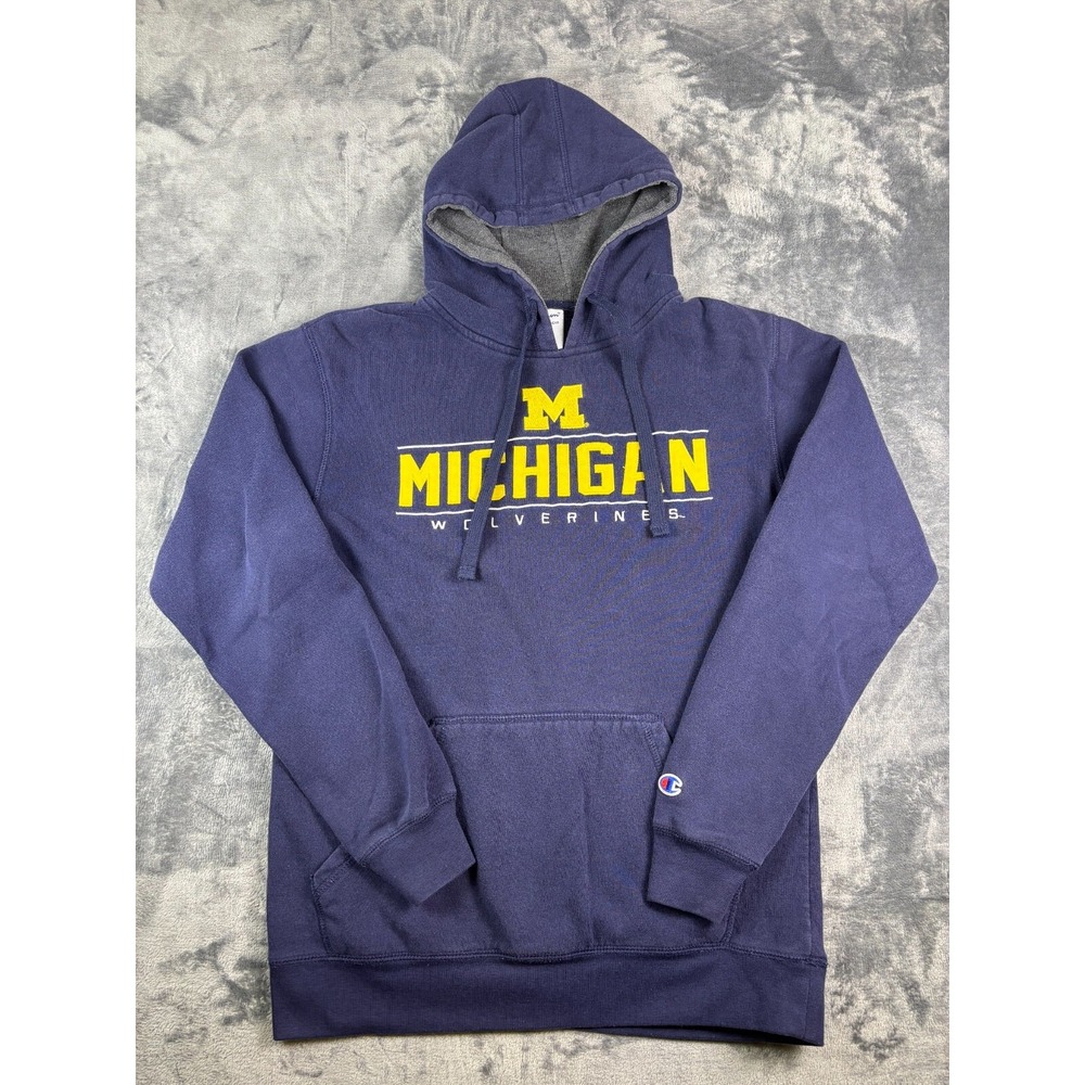 Y2K‎ Champion Michigan Wolverines Hoodie Spellout Navy Blue Size Small Vintage